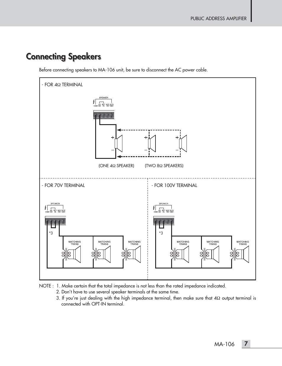Connecting speakers | Inter-M MA-106 User Manual | Page 9 / 16