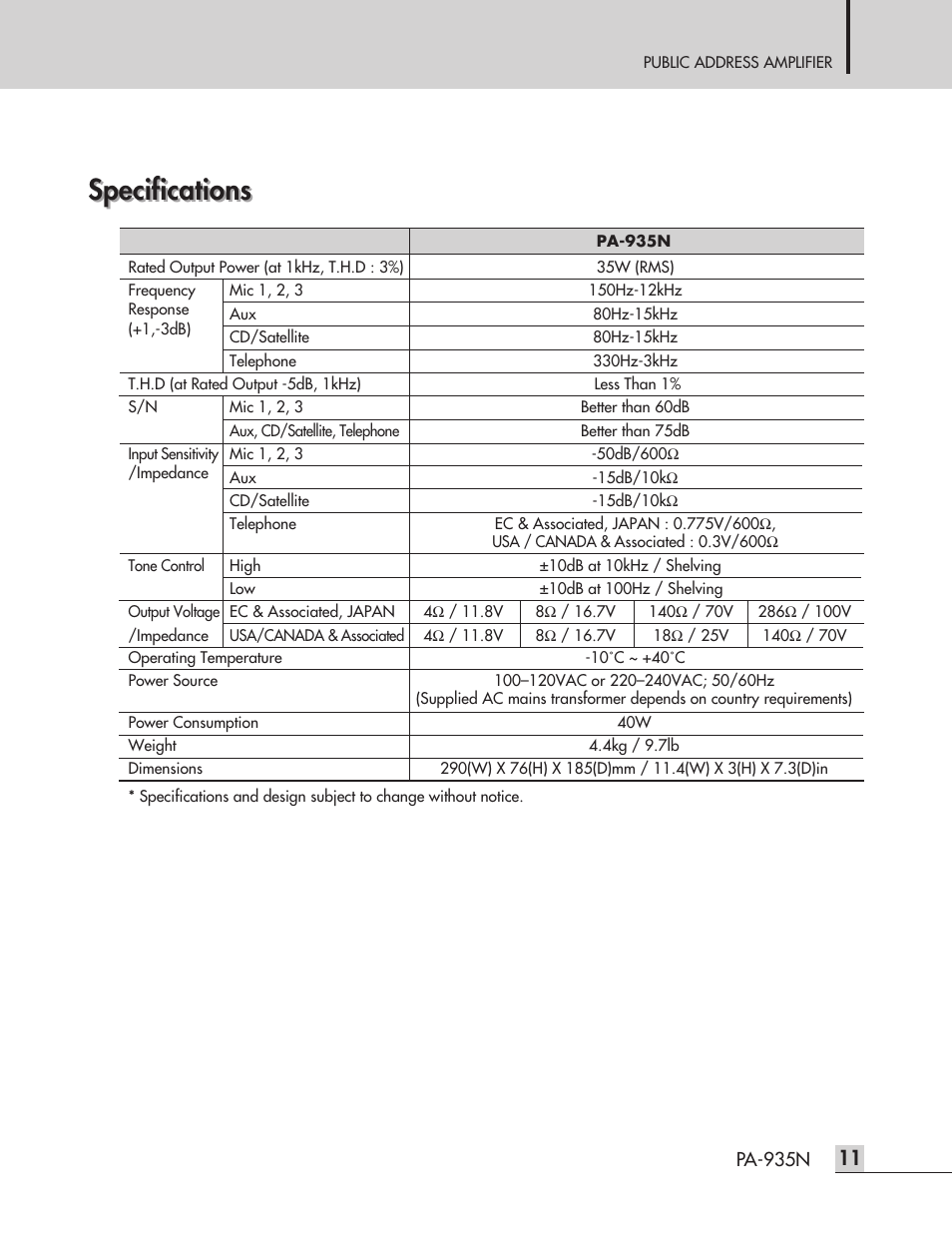 Specifications | Inter-M PA-935N User Manual | Page 13 / 16