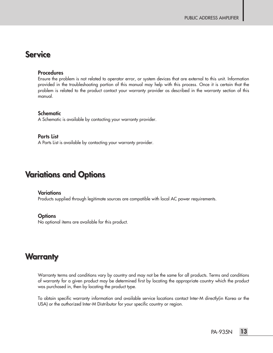 Service, Variations and options, Warranty | Inter-M PA-935N User Manual | Page 15 / 16