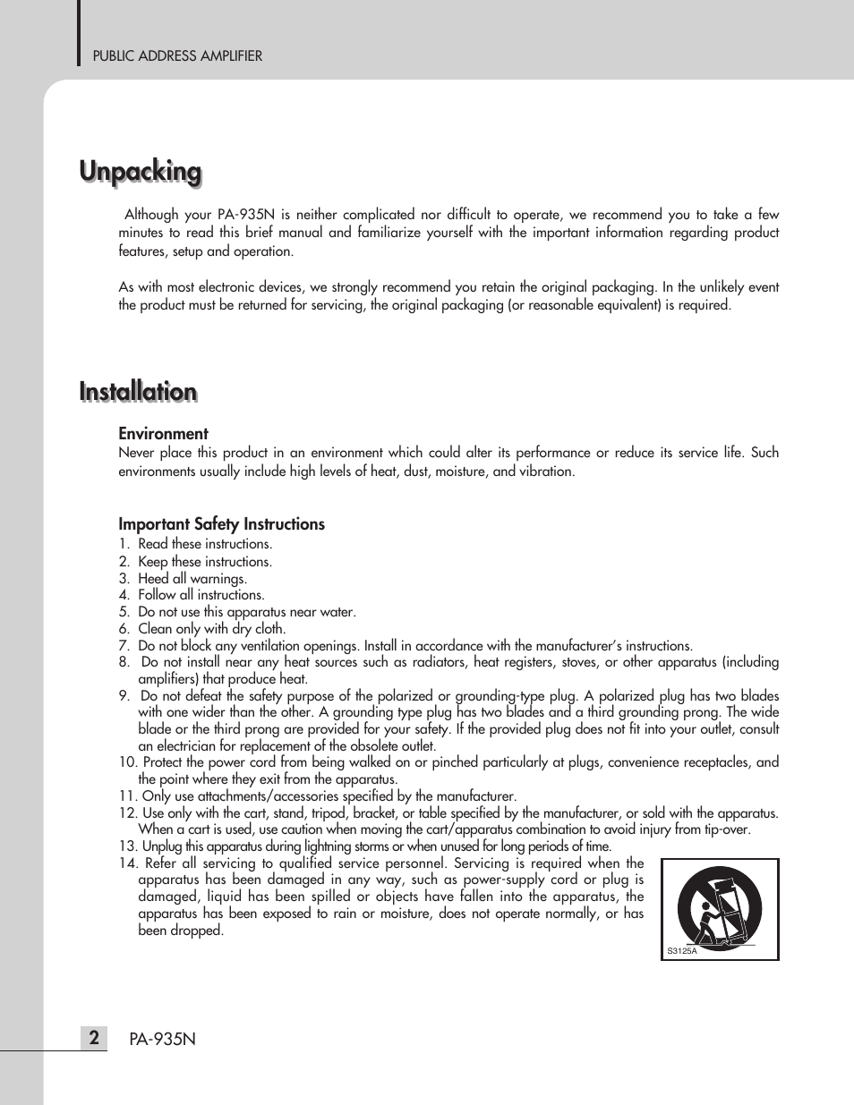 Unpacking, Installation | Inter-M PA-935N User Manual | Page 4 / 16