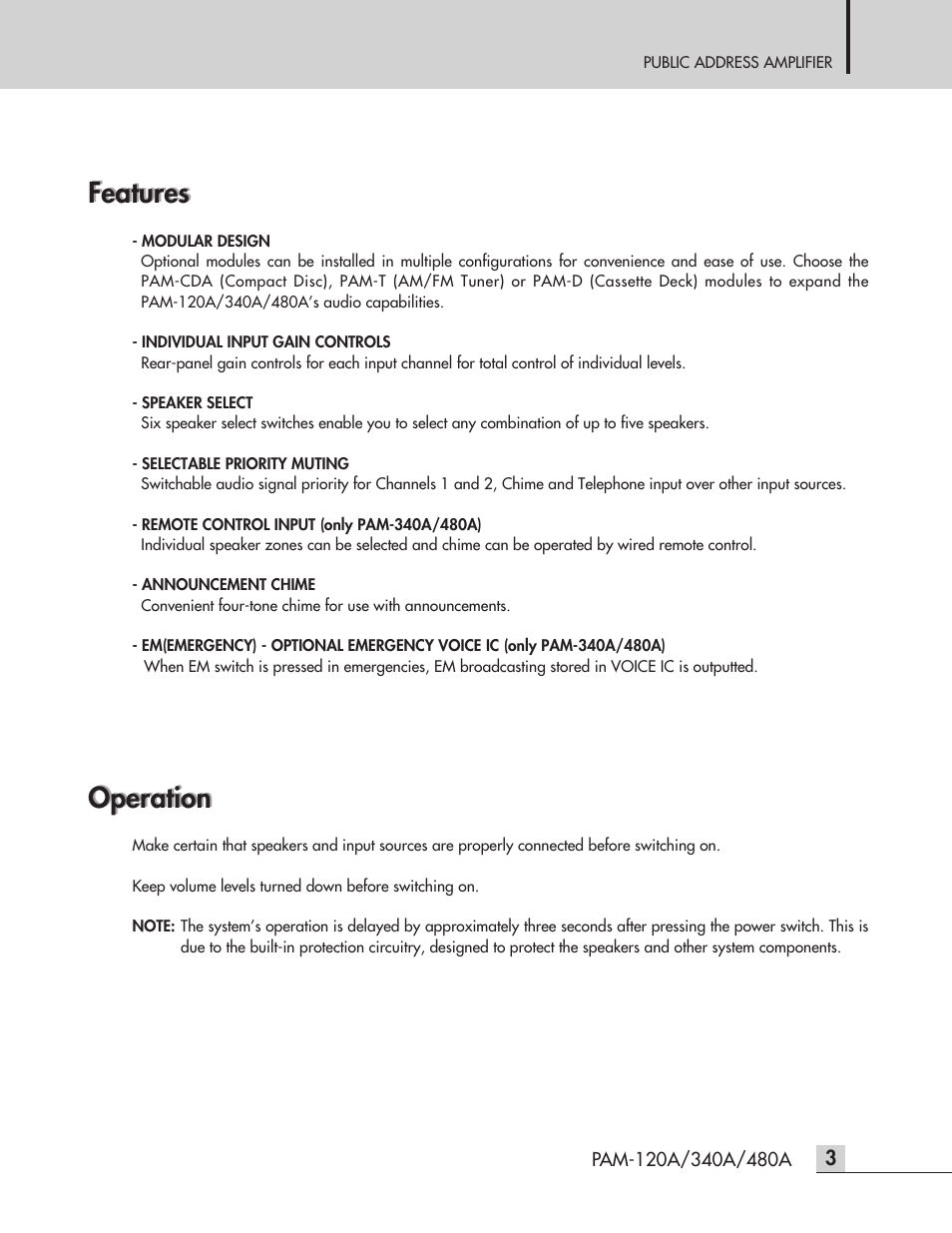 Features, Operation | Inter-M PAM-480A User Manual | Page 5 / 20