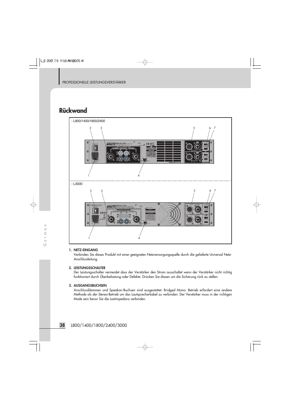 Rückwand, Professionelle leistungsverstärker | Inter-M L-2400 User Manual | Page 40 / 67