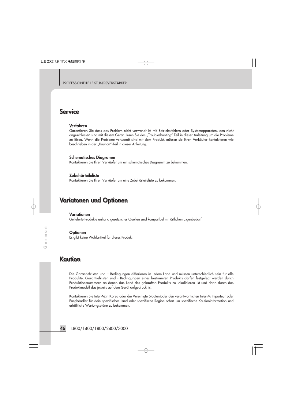 Service, Variatonen und optionen, Kaution | Inter-M L-2400 User Manual | Page 48 / 67