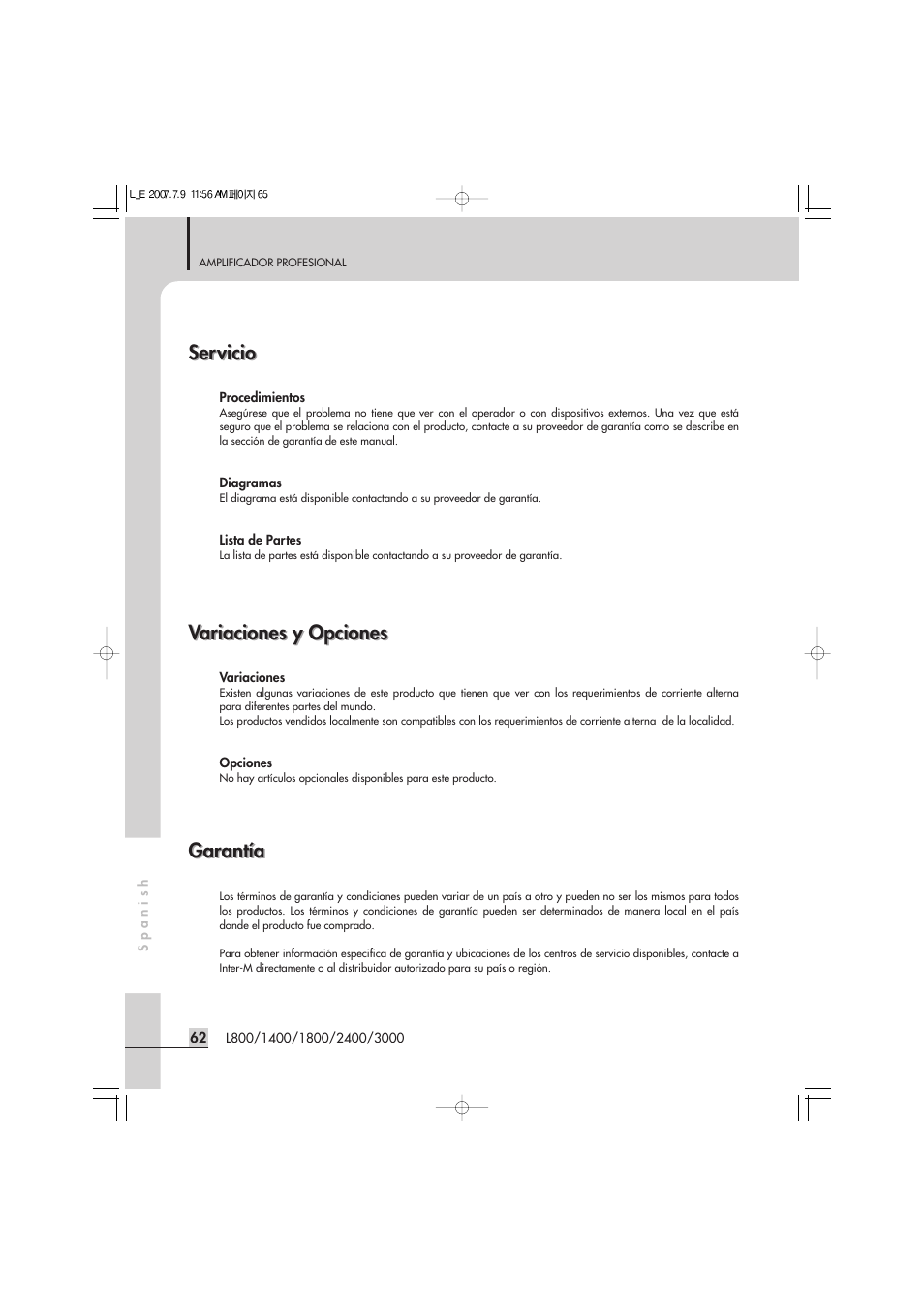 Servicio, Variaciones y opciones, Garantía | Inter-M L-2400 User Manual | Page 64 / 67