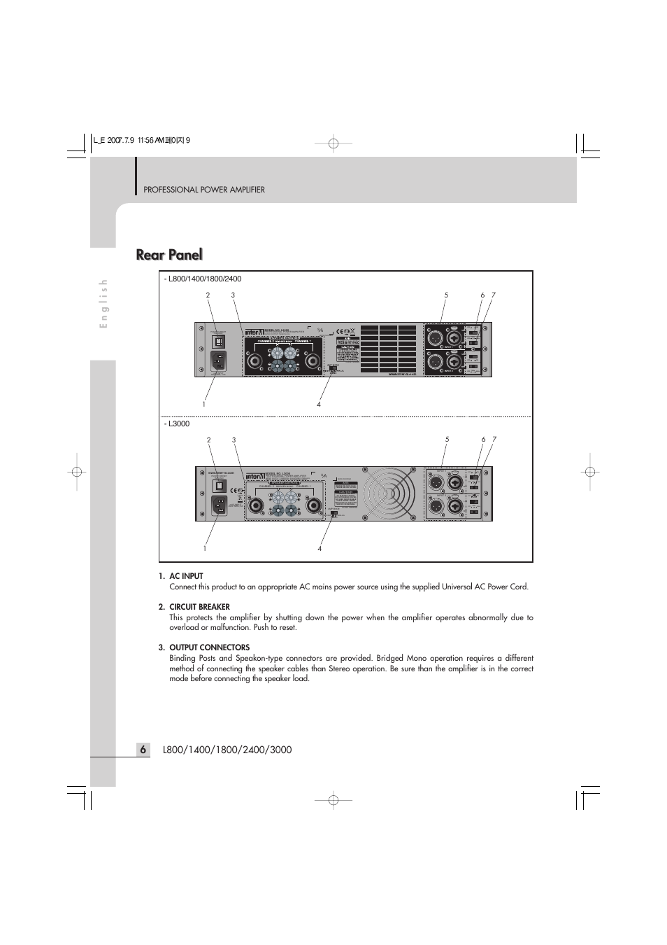 Rear panel, Professional power amplifier | Inter-M L-2400 User Manual | Page 8 / 67