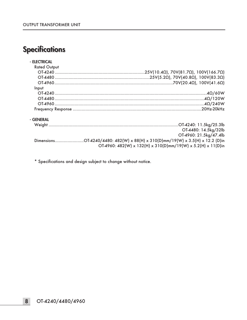 Specifications | Inter-M OT-4960 User Manual | Page 10 / 12