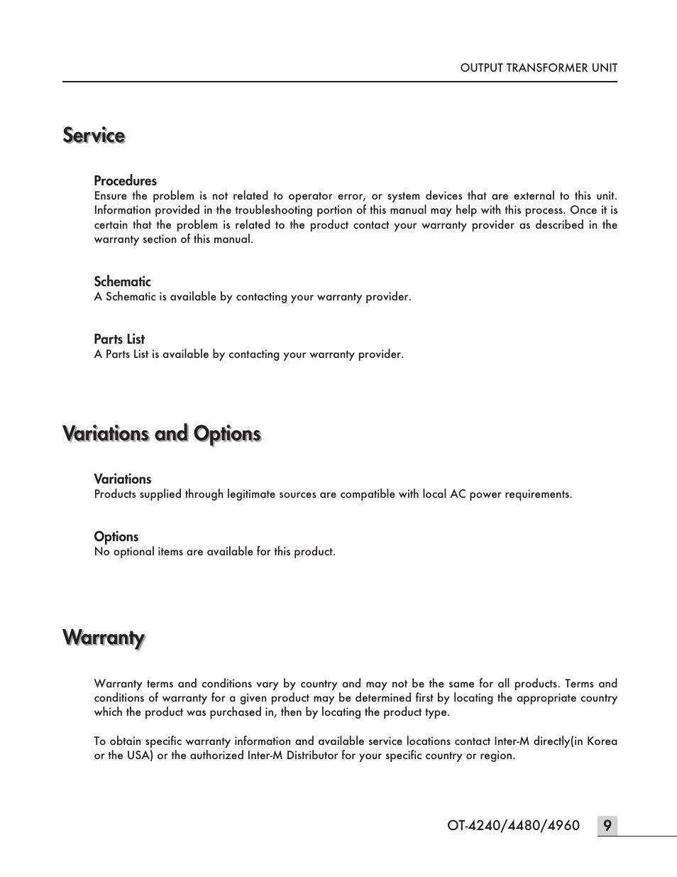 Service, Variations and options, Warranty | Inter-M OT-4960 User Manual | Page 11 / 12