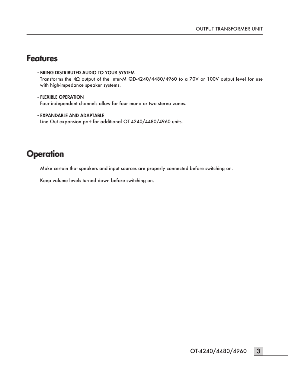 Features, Operation | Inter-M OT-4960 User Manual | Page 5 / 12