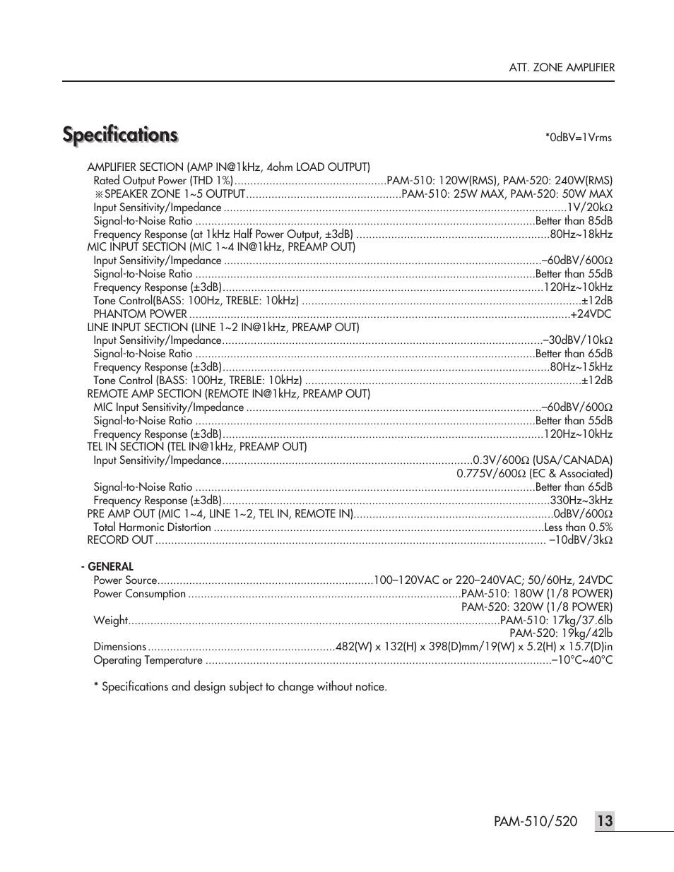 Specifications | Inter-M PAM-520 User Manual | Page 16 / 19