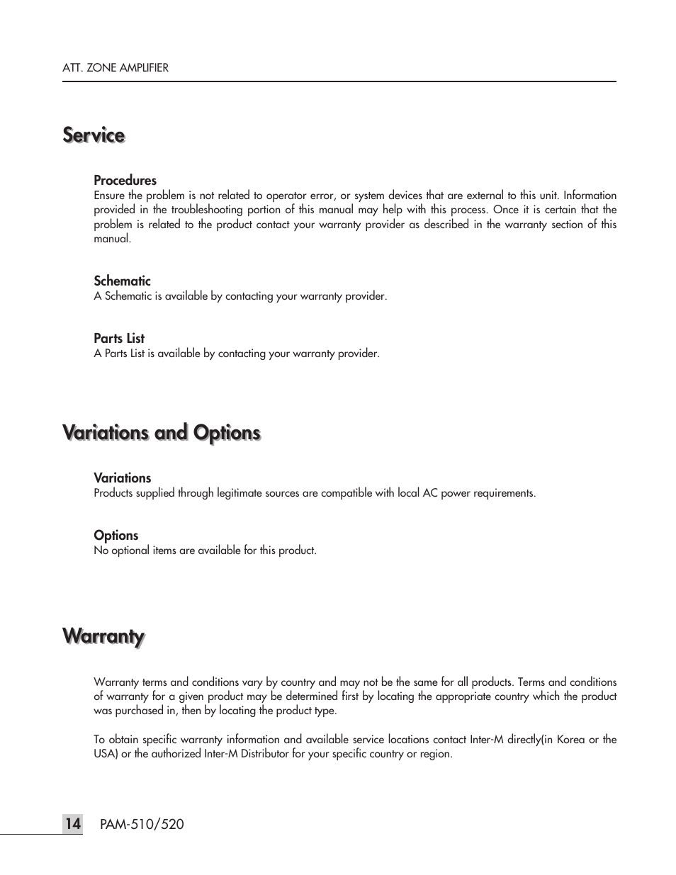 Service, Variations and options, Warranty | Inter-M PAM-520 User Manual | Page 17 / 19