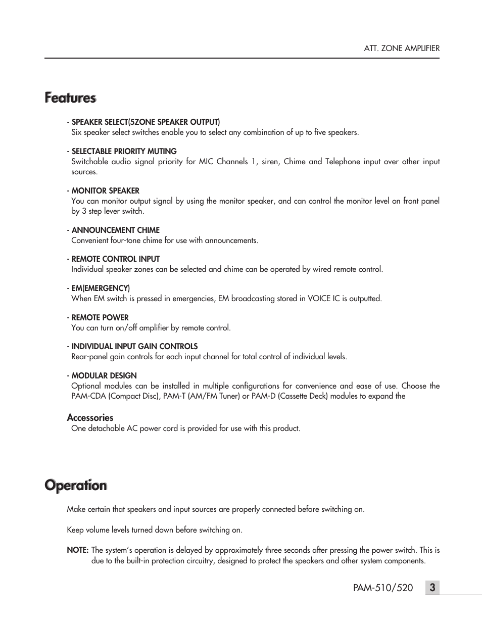 Features, Operation | Inter-M PAM-520 User Manual | Page 6 / 19