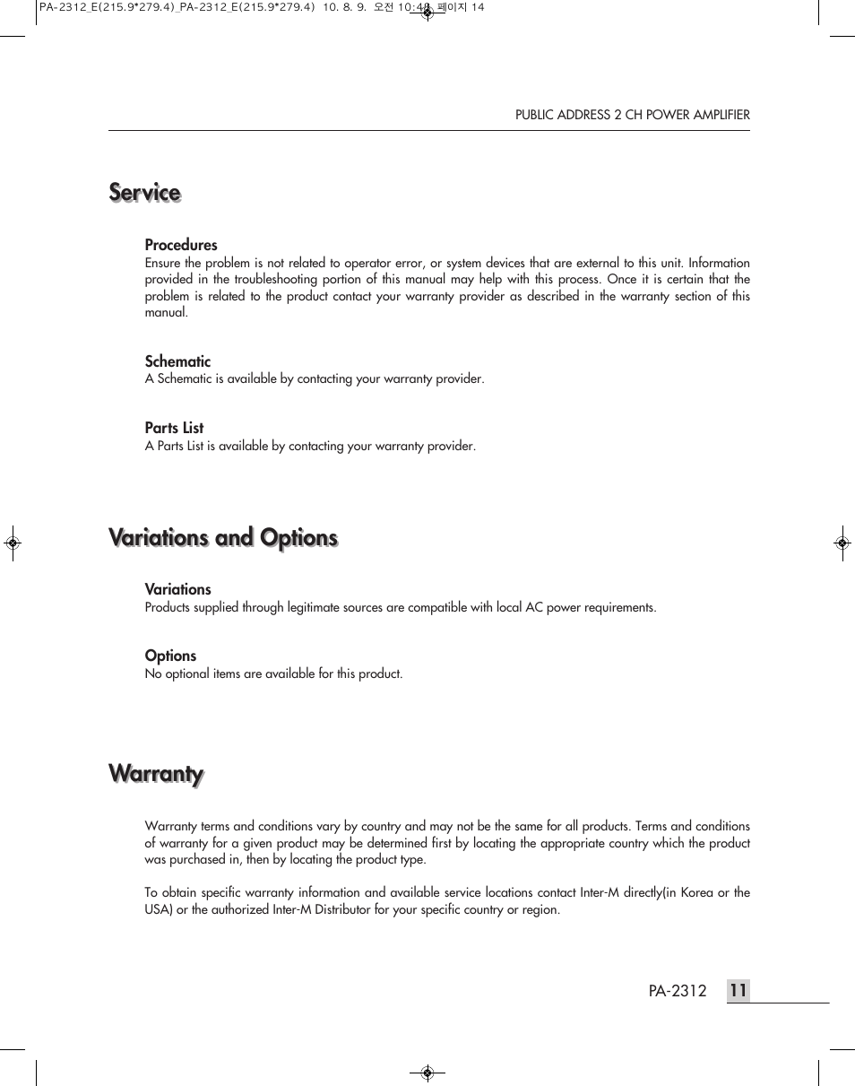 Service, Variations and options, Warranty | Inter-M PA-2312 User Manual | Page 13 / 15