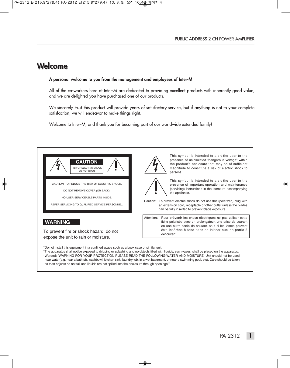 Welcome, Pa-2312, Warning | Inter-M PA-2312 User Manual | Page 3 / 15