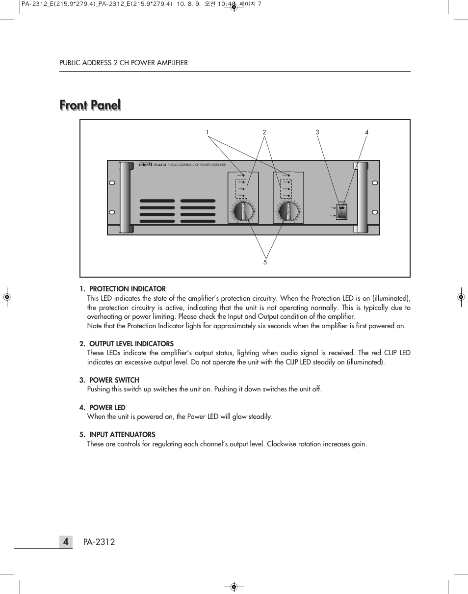 Front panel, Pa-2312, Public address 2 ch power amplifier | Inter-M PA-2312 User Manual | Page 6 / 15