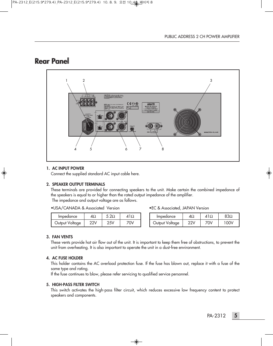 Rear panel | Inter-M PA-2312 User Manual | Page 7 / 15