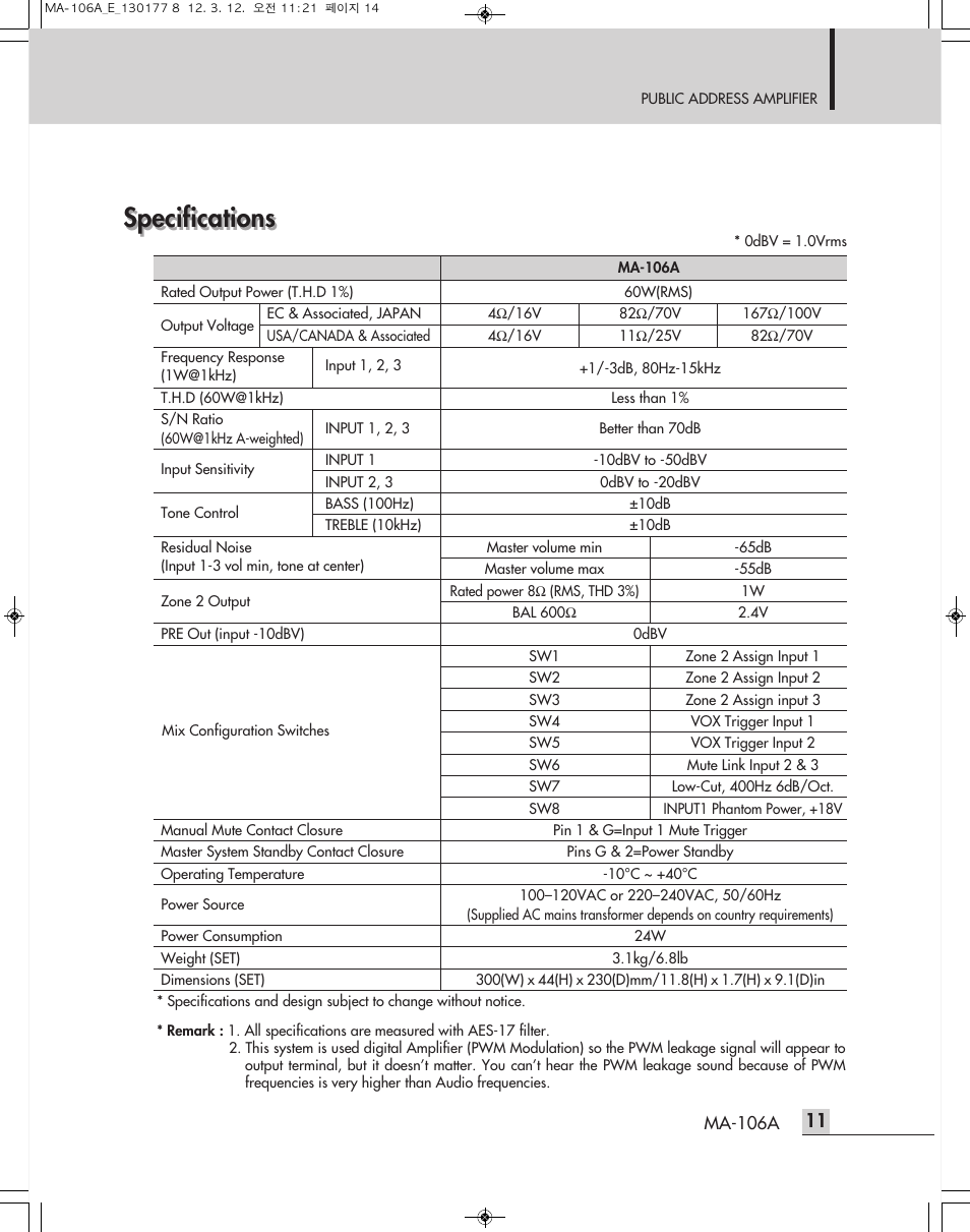 Specifications | Inter-M MA-106A User Manual | Page 14 / 16