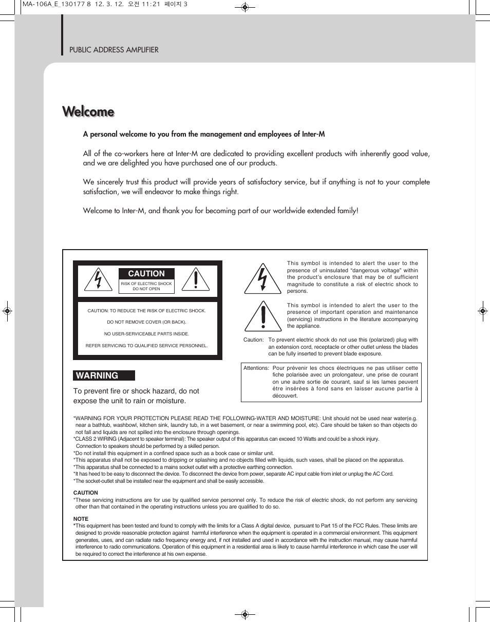 Welcome, Warning | Inter-M MA-106A User Manual | Page 3 / 16