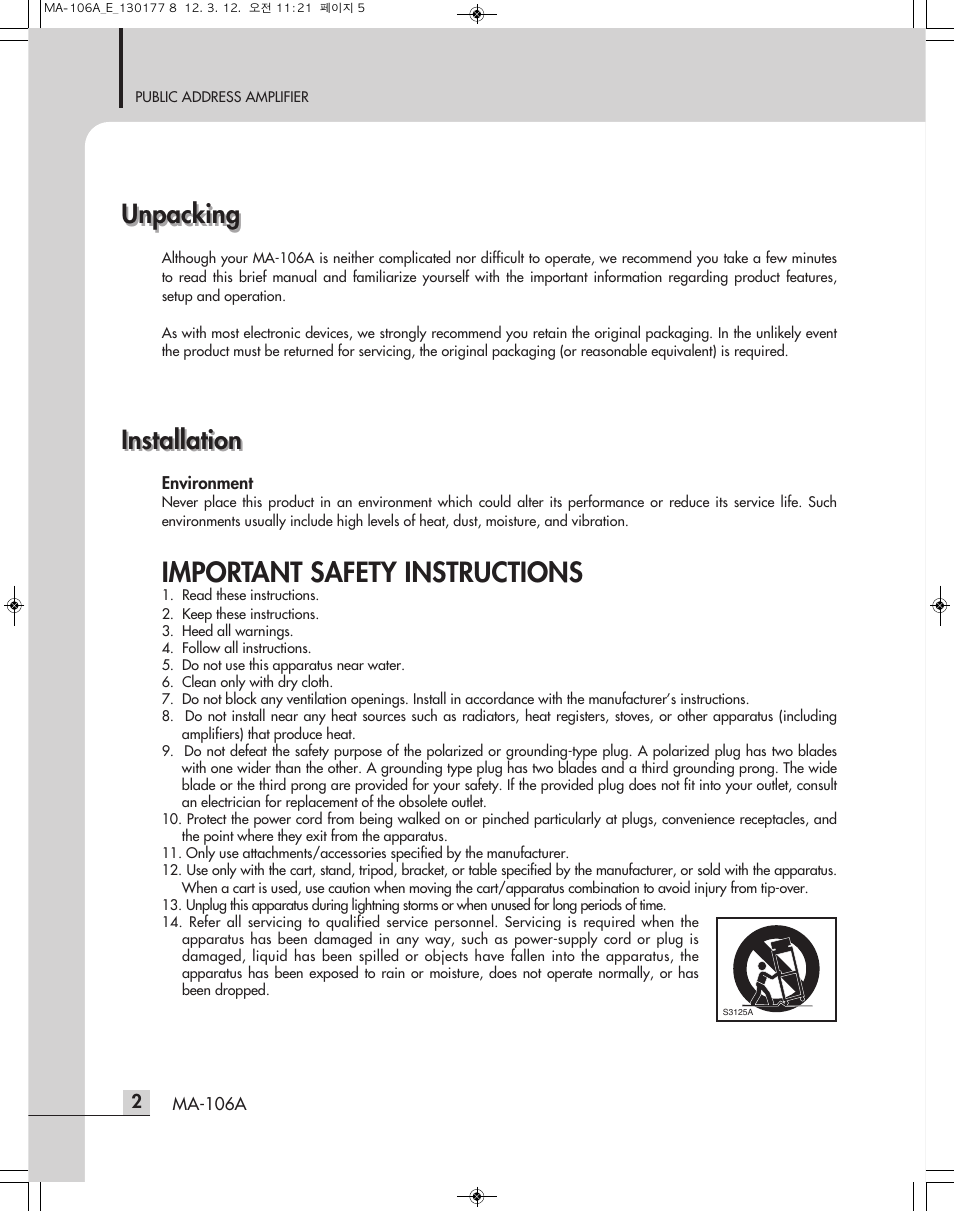 Important safety instructions, Installation unpacking unpacking, Installation | Inter-M MA-106A User Manual | Page 5 / 16
