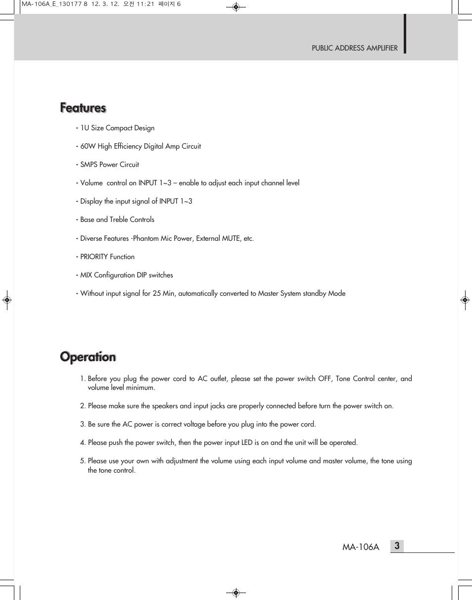 Features, Operation | Inter-M MA-106A User Manual | Page 6 / 16