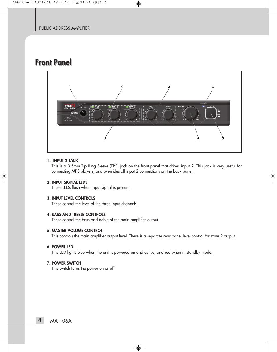 Front panel | Inter-M MA-106A User Manual | Page 7 / 16
