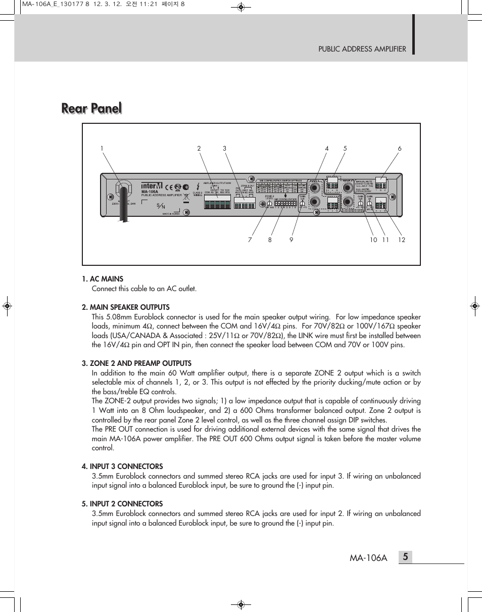 Rear panel | Inter-M MA-106A User Manual | Page 8 / 16