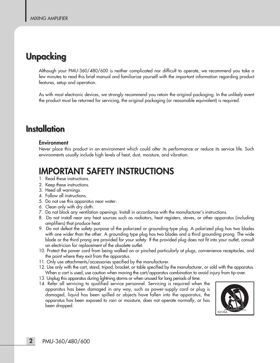 Unpacking, Important safety instructions, Installation | Inter-M PMU-600 User Manual | Page 4 / 20