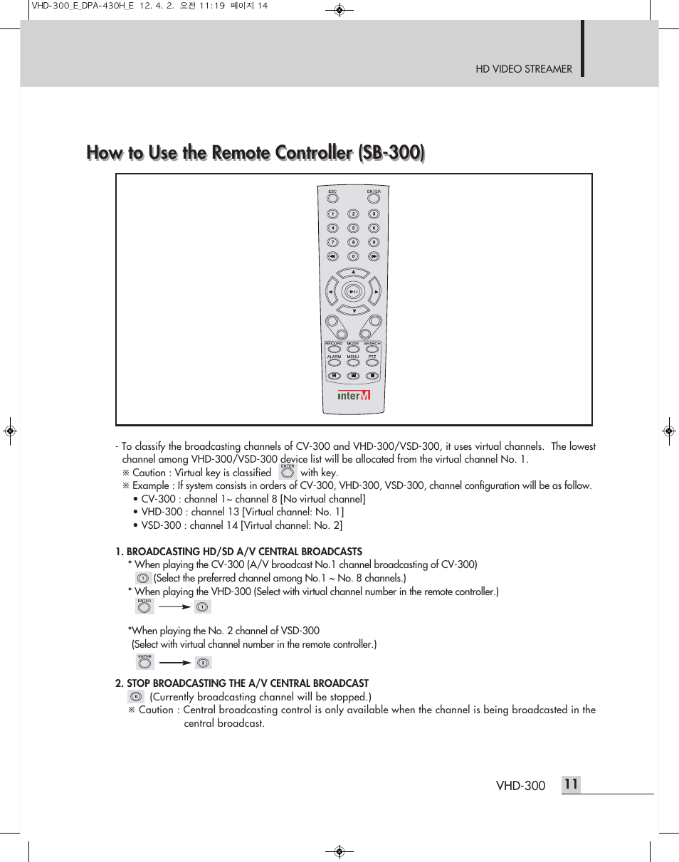 How to use the remote controller (sb-300) | Inter-M VHD-300 User Manual | Page 13 / 20