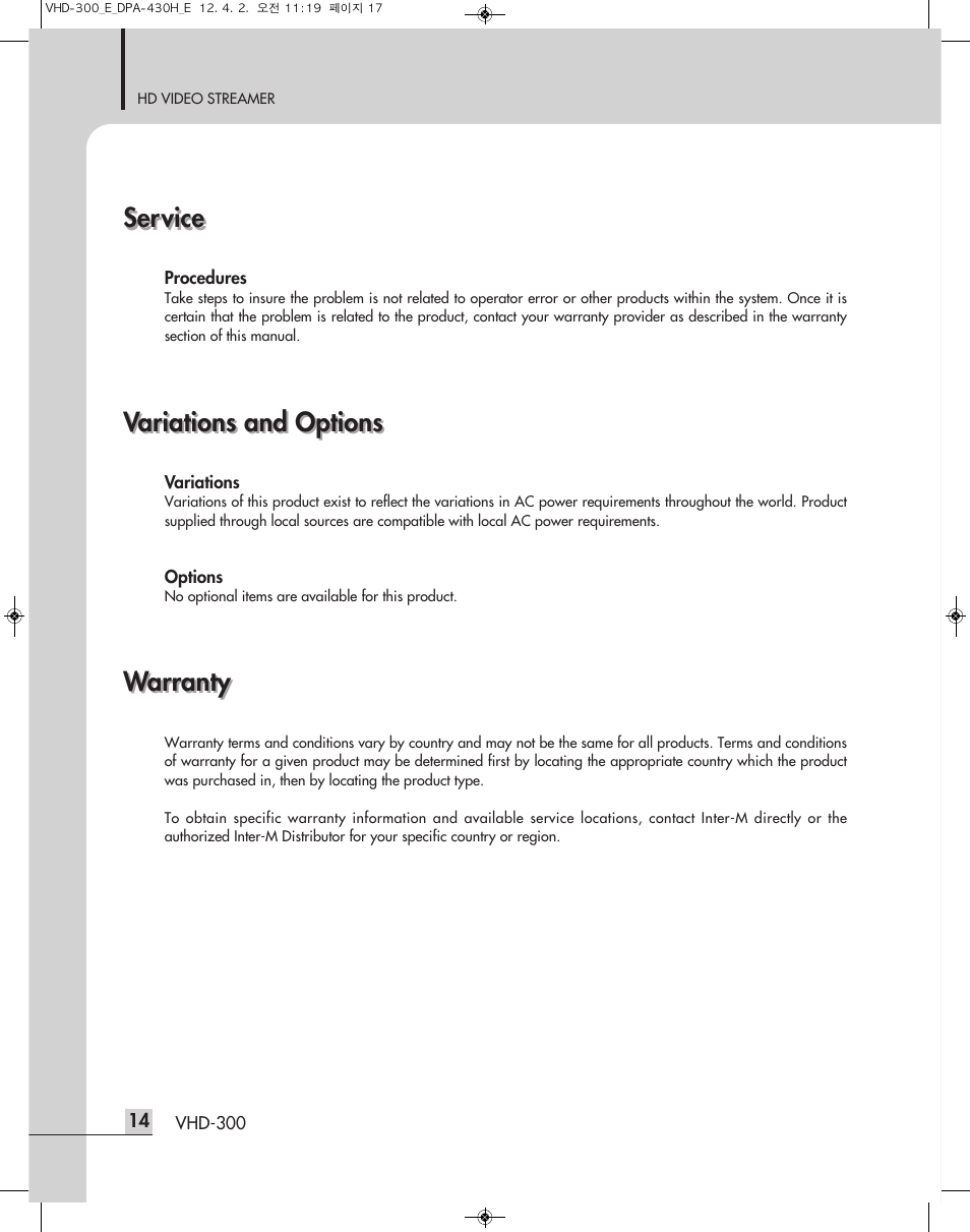 Service, Warranty, Variations and options | Inter-M VHD-300 User Manual | Page 16 / 20