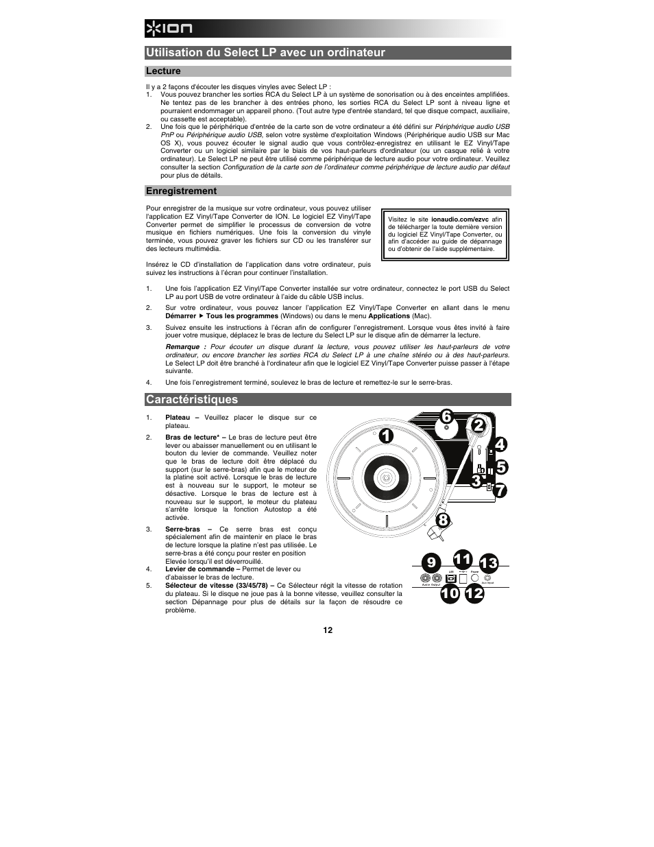 Utilisation du select lp avec un ordinateur, Caractéristiques | ION Audio Select LP User Manual | Page 12 / 28