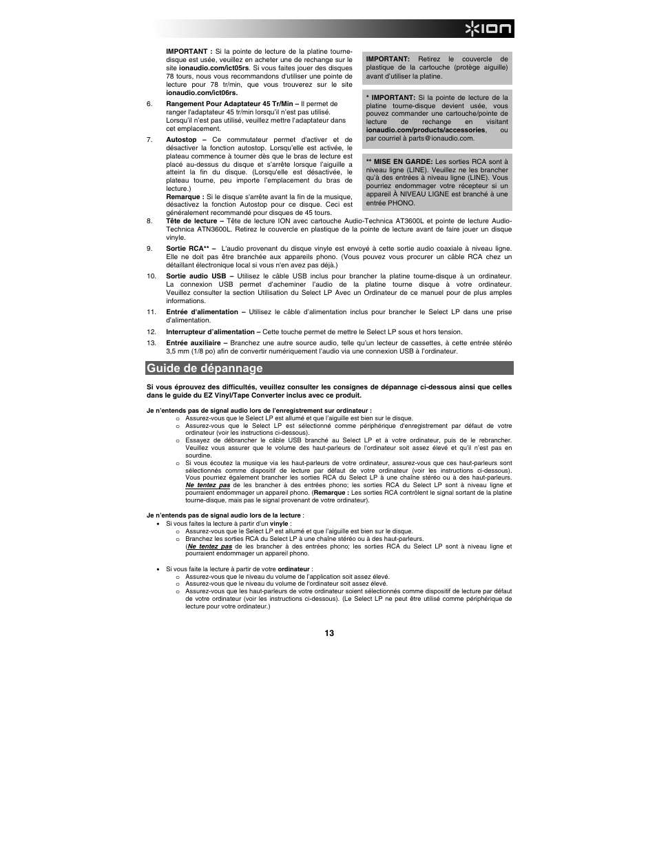 Guide de dépannage | ION Audio Select LP User Manual | Page 13 / 28