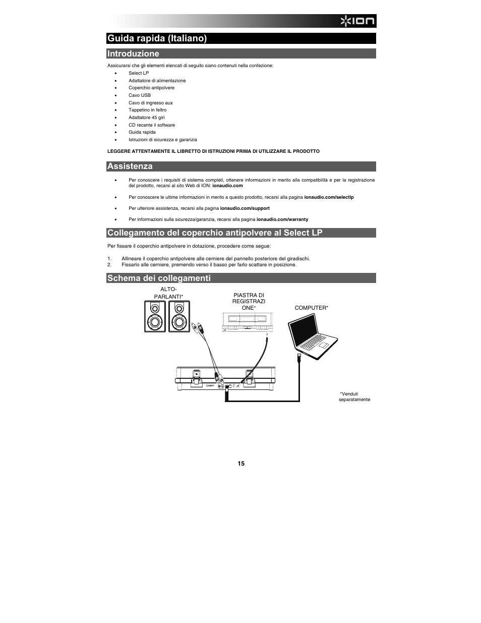 Guida rapida (italiano), Introduzione, Assistenza | Schema dei collegamenti, Aux input | ION Audio Select LP User Manual | Page 15 / 28