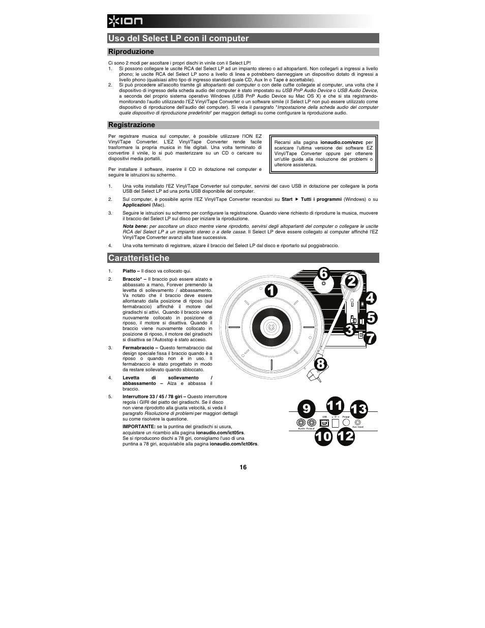Uso del select lp con il computer, Caratteristiche | ION Audio Select LP User Manual | Page 16 / 28