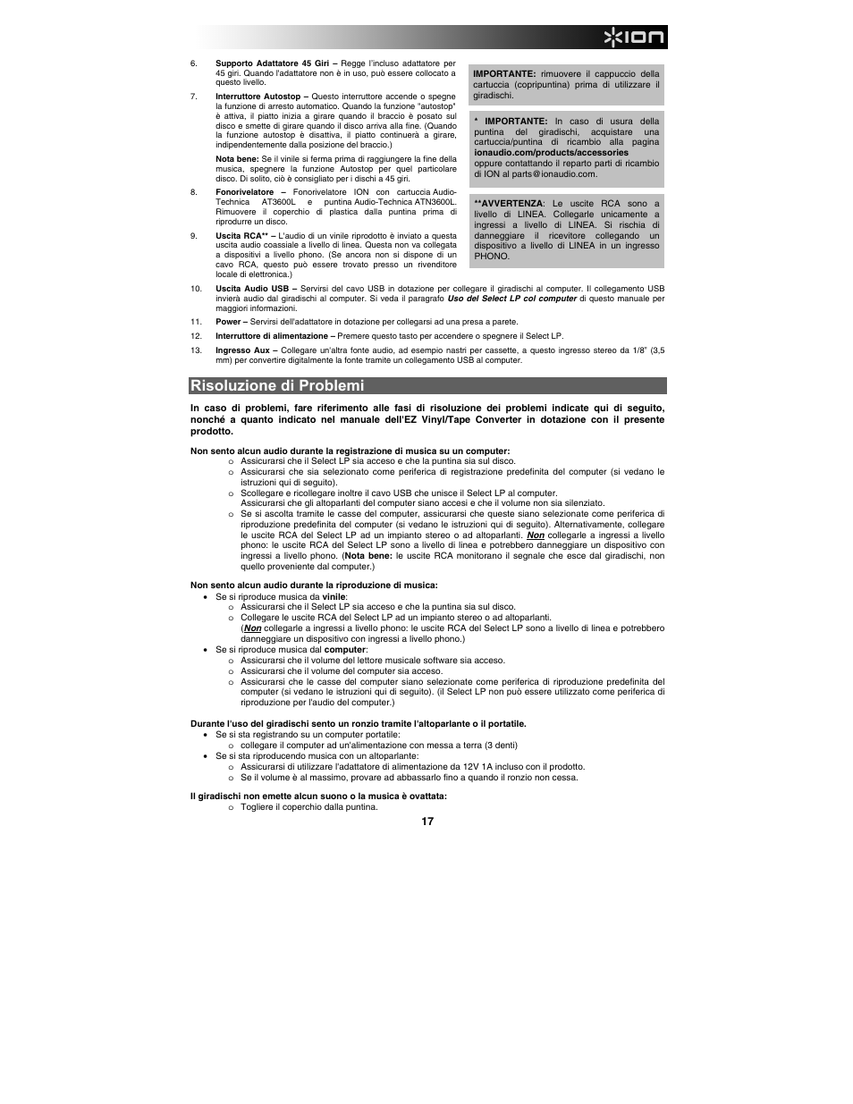 Risoluzione di problemi | ION Audio Select LP User Manual | Page 17 / 28