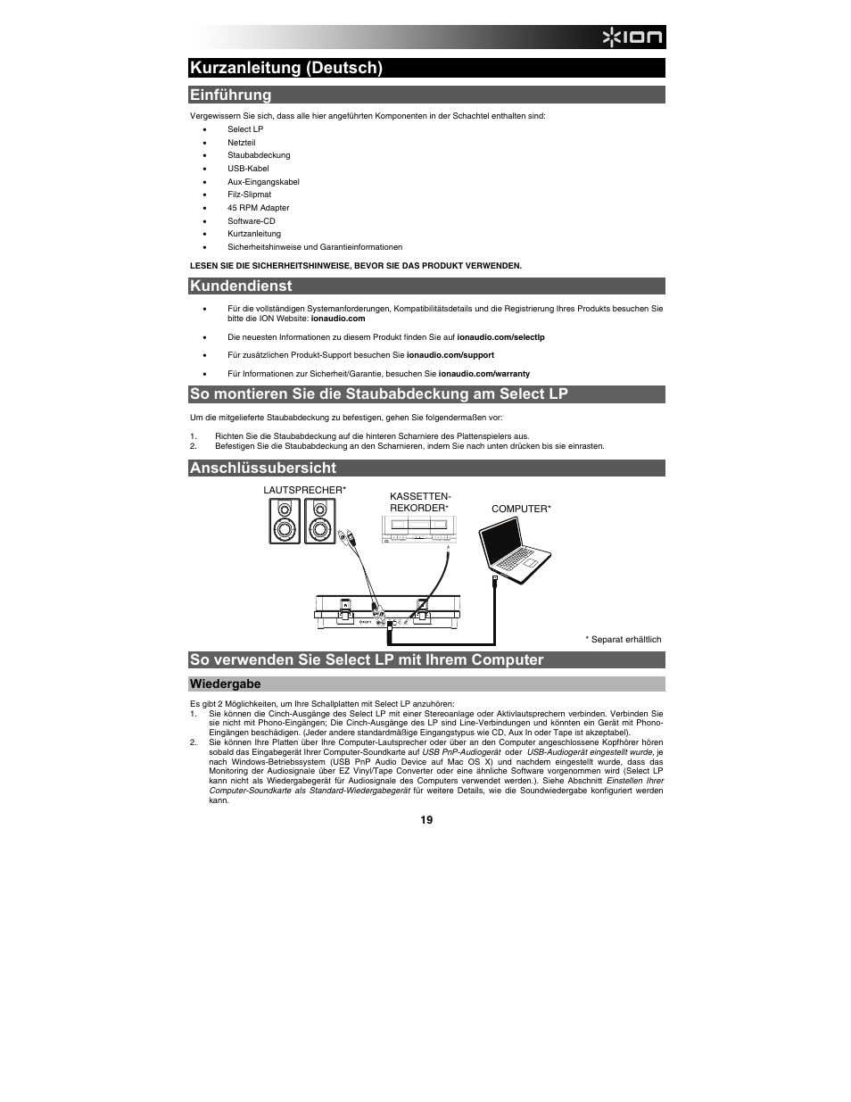 Kurzanleitung (deutsch), Einführung, Kundendienst | So montieren sie die staubabdeckung am select lp, Anschlüssubersicht, So verwenden sie select lp mit ihrem computer, Aux input, Wiedergabe | ION Audio Select LP User Manual | Page 19 / 28