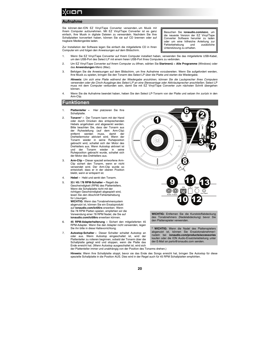 Funktionen | ION Audio Select LP User Manual | Page 20 / 28