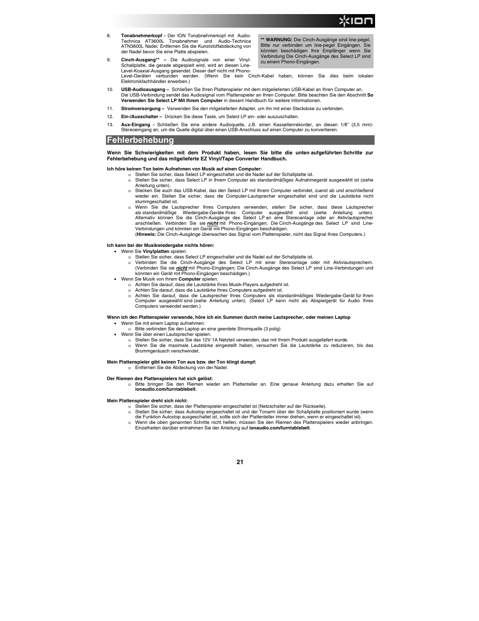 Fehlerbehebung | ION Audio Select LP User Manual | Page 21 / 28