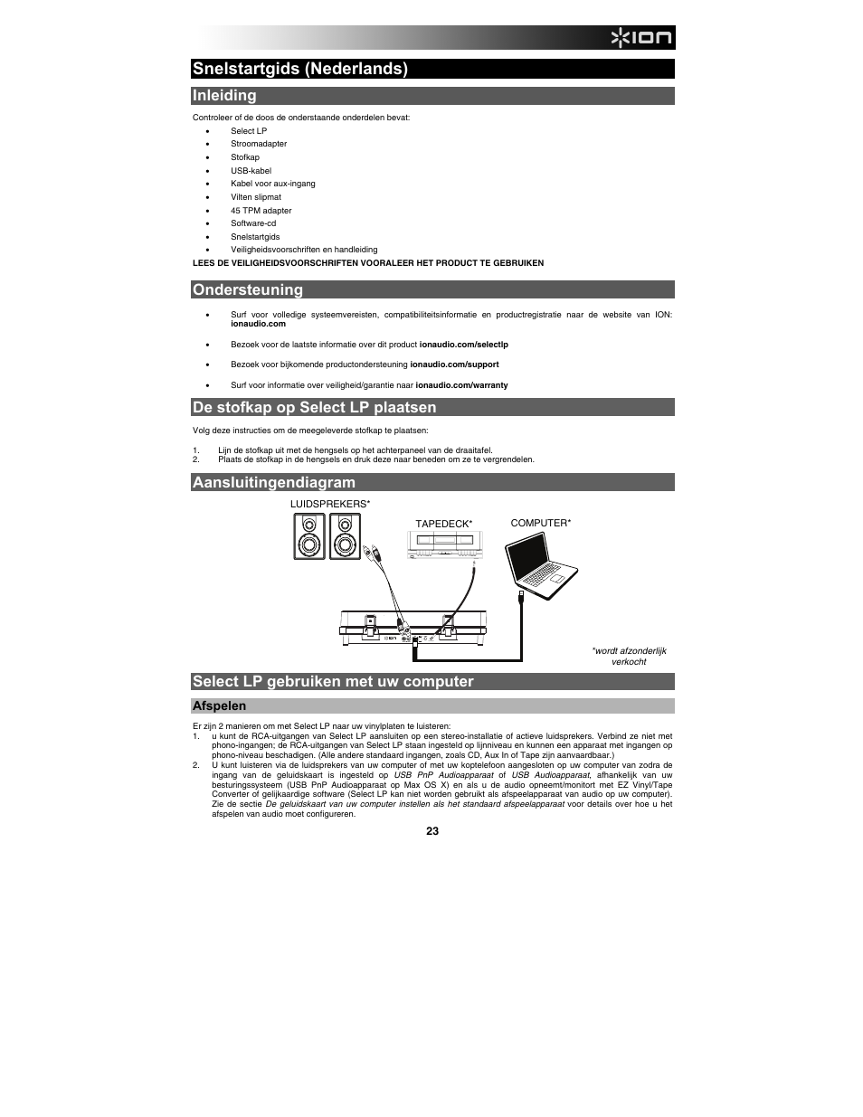 Snelstartgids (nederlands), Inleiding, Ondersteuning | De stofkap op select lp plaatsen, Aansluitingendiagram, Select lp gebruiken met uw computer, Aux input, Afspelen | ION Audio Select LP User Manual | Page 23 / 28