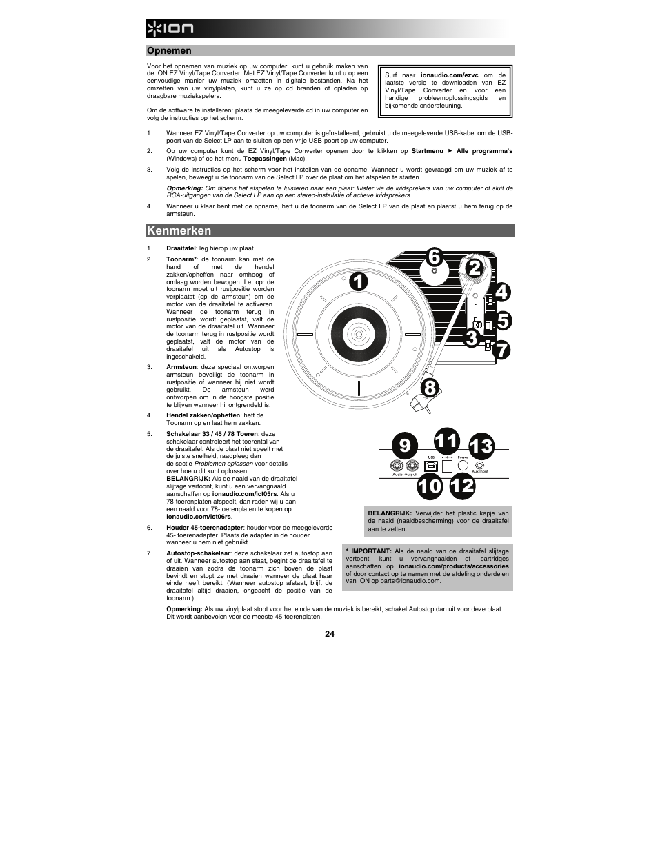 Kenmerken | ION Audio Select LP User Manual | Page 24 / 28