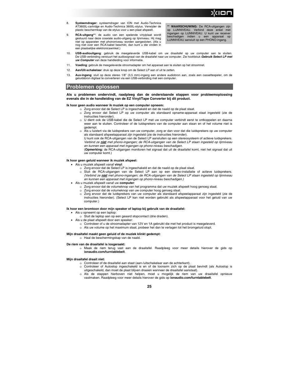 Problemen oplossen | ION Audio Select LP User Manual | Page 25 / 28