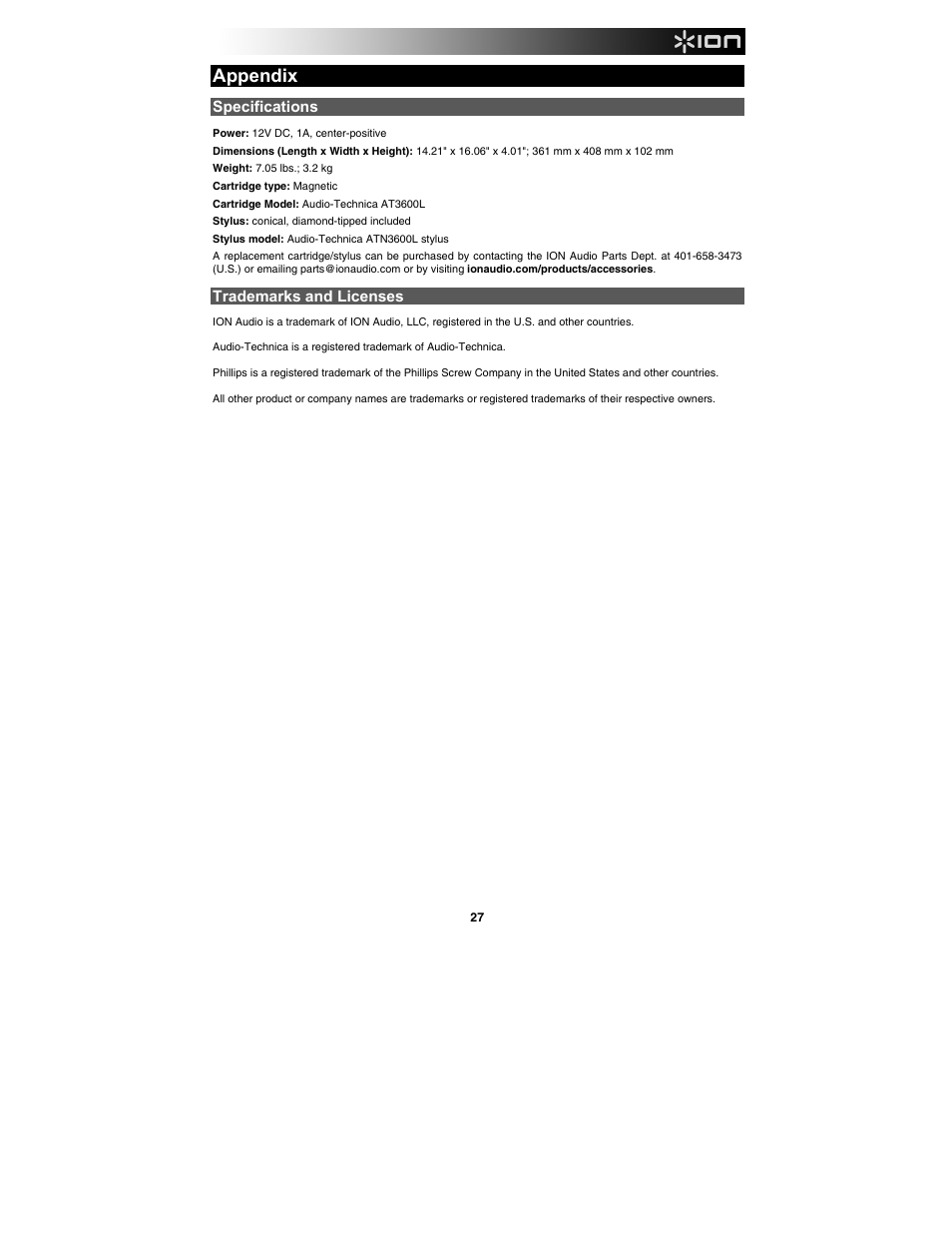 Appendix, Specifications, Trademarks and licenses | ION Audio Select LP User Manual | Page 27 / 28