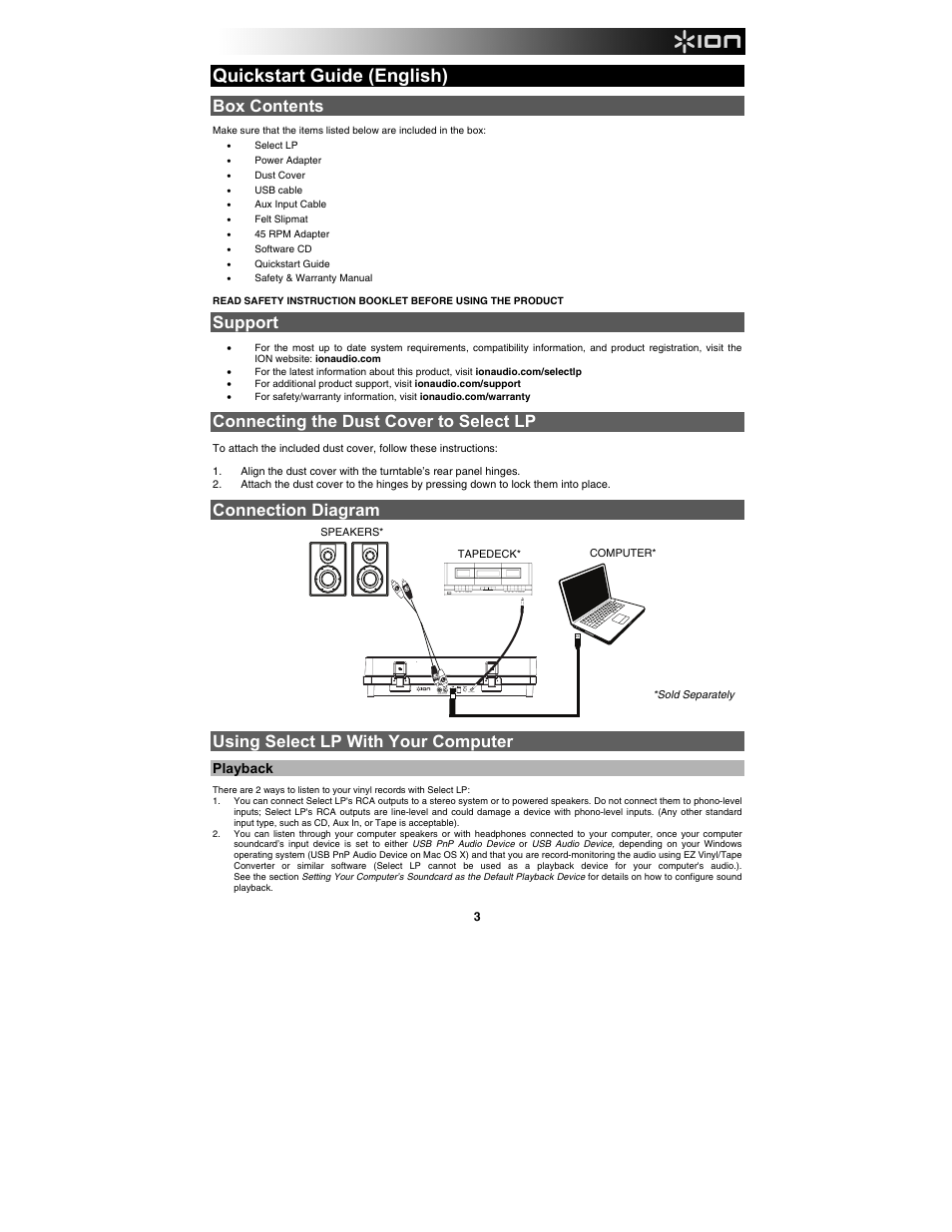 Quickstart guide (english), Box contents, Support | Connecting the dust cover to select lp, Connection diagram, Using select lp with your computer, Aux input, Playback | ION Audio Select LP User Manual | Page 3 / 28