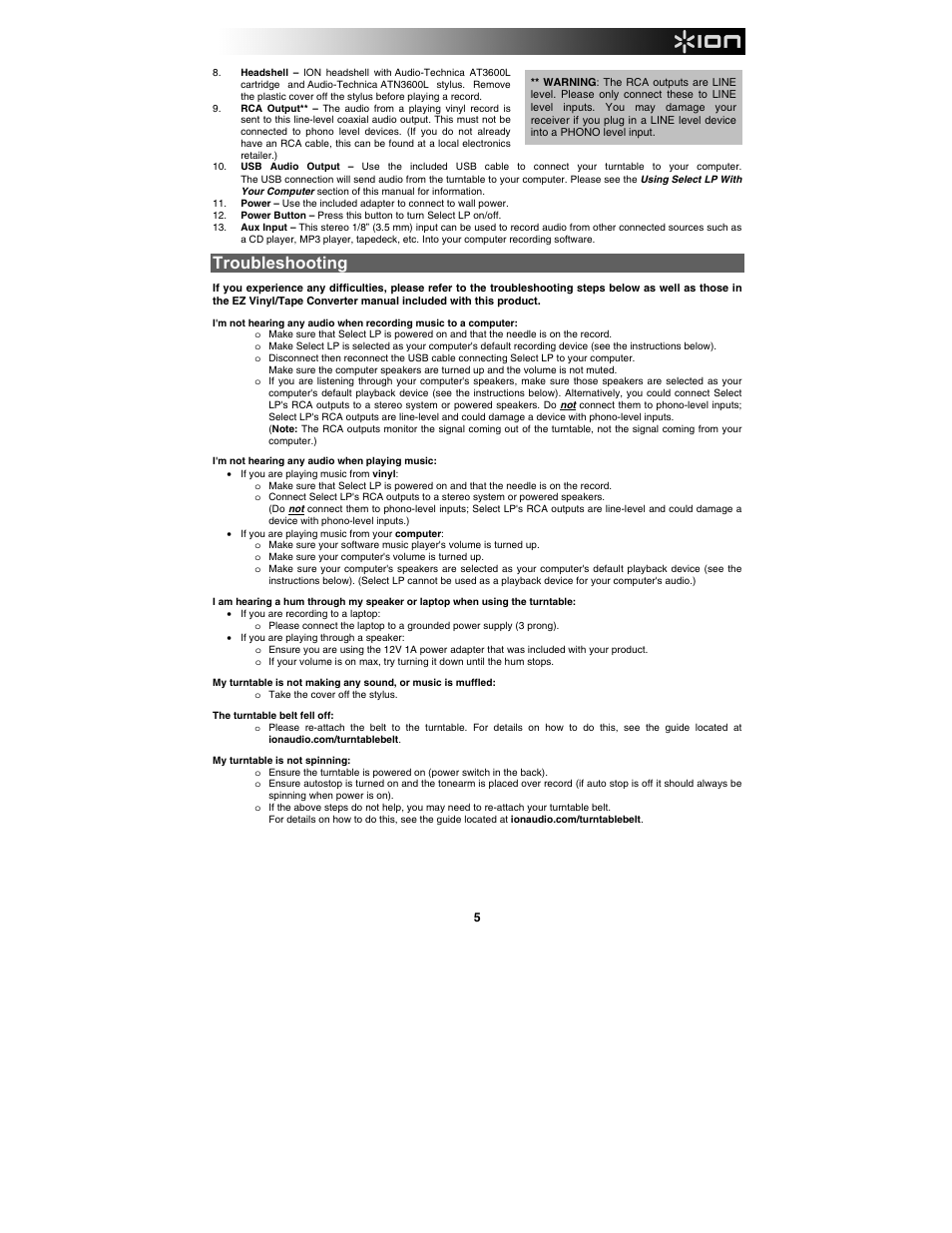 Troubleshooting | ION Audio Select LP User Manual | Page 5 / 28