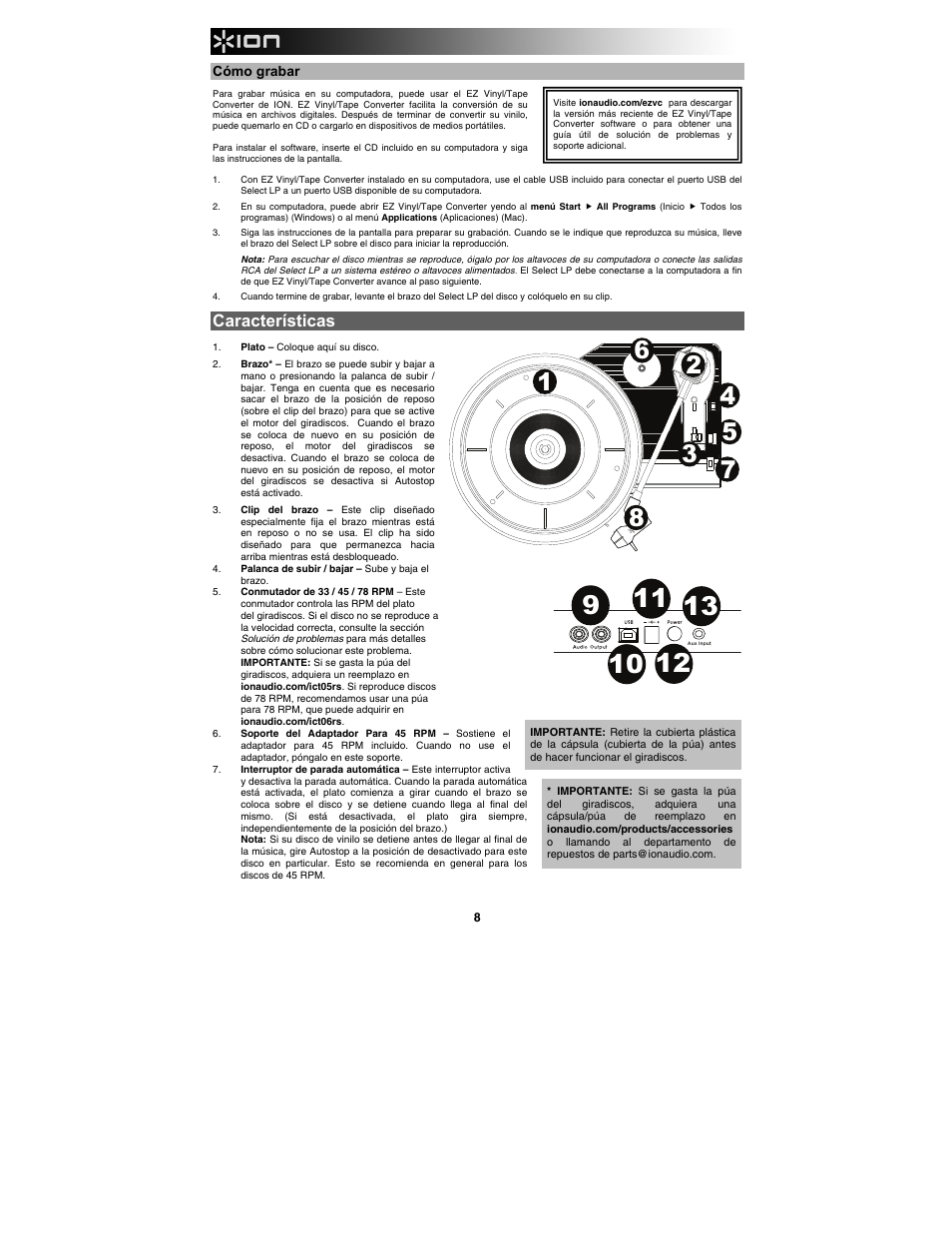 Características | ION Audio Select LP User Manual | Page 8 / 28