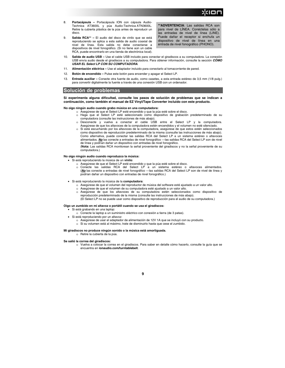 Solución de problemas | ION Audio Select LP User Manual | Page 9 / 28