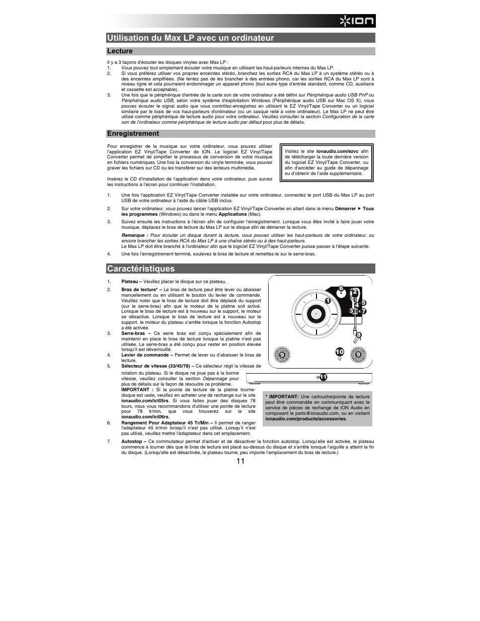 Utilisation du max lp avec un ordinateur, Caractéristiques, Lecture | Enregistrement | ION Audio Max LP User Manual | Page 11 / 28