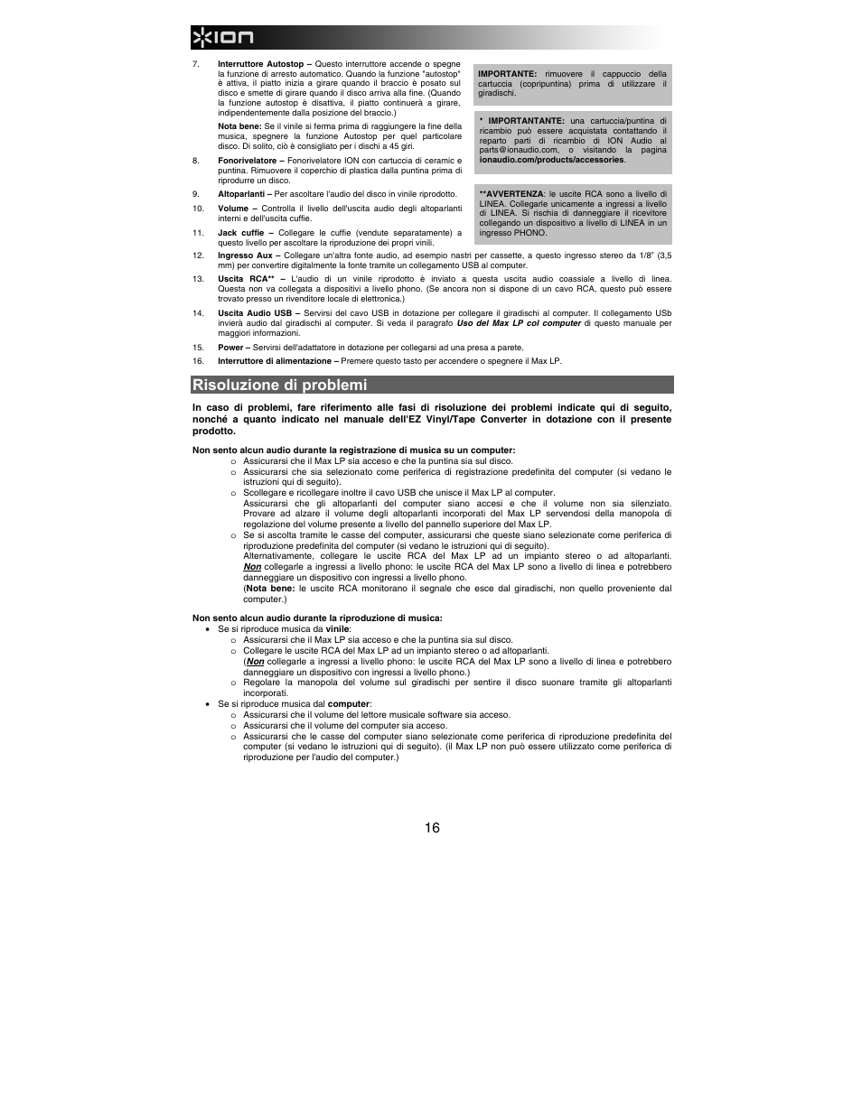 Risoluzione di problemi | ION Audio Max LP User Manual | Page 16 / 28