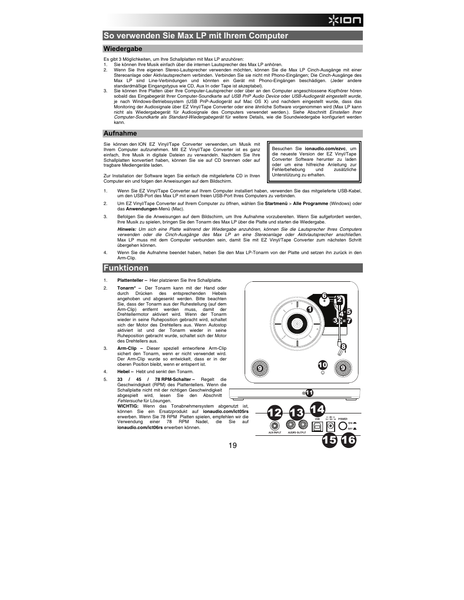 So verwenden sie max lp mit ihrem computer, Funktionen, Wiedergabe | Aufnahme | ION Audio Max LP User Manual | Page 19 / 28