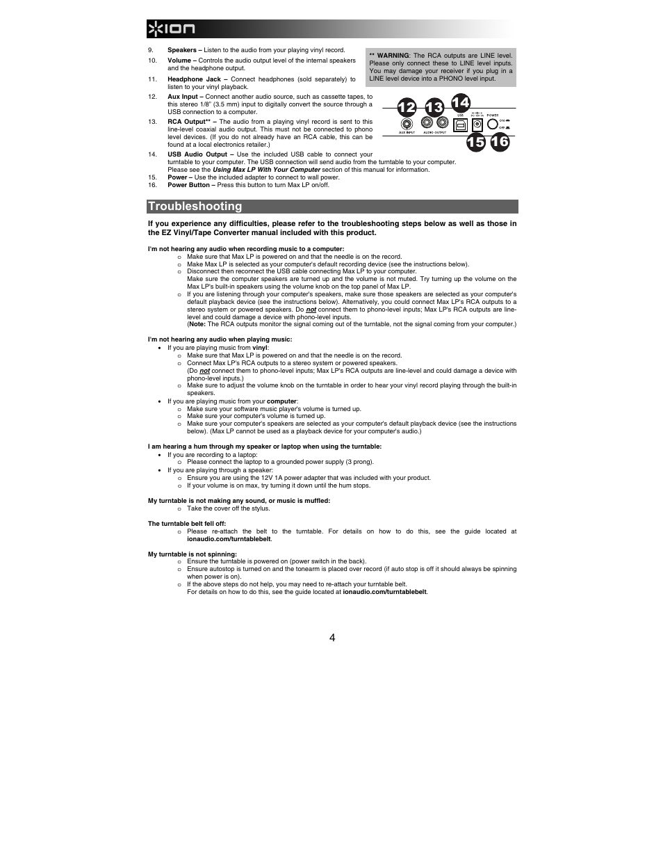 Troubleshooting | ION Audio Max LP User Manual | Page 4 / 28