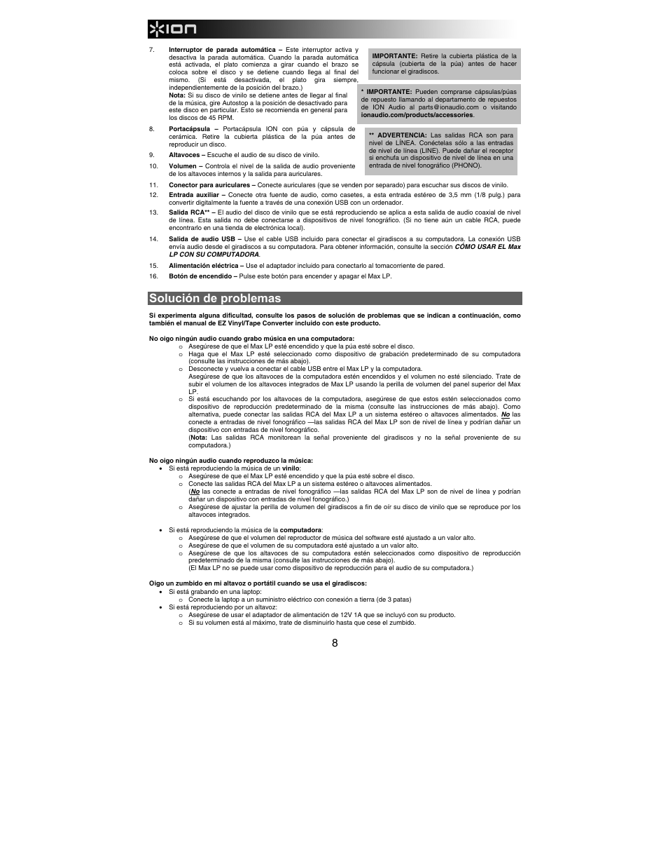 Solución de problemas | ION Audio Max LP User Manual | Page 8 / 28