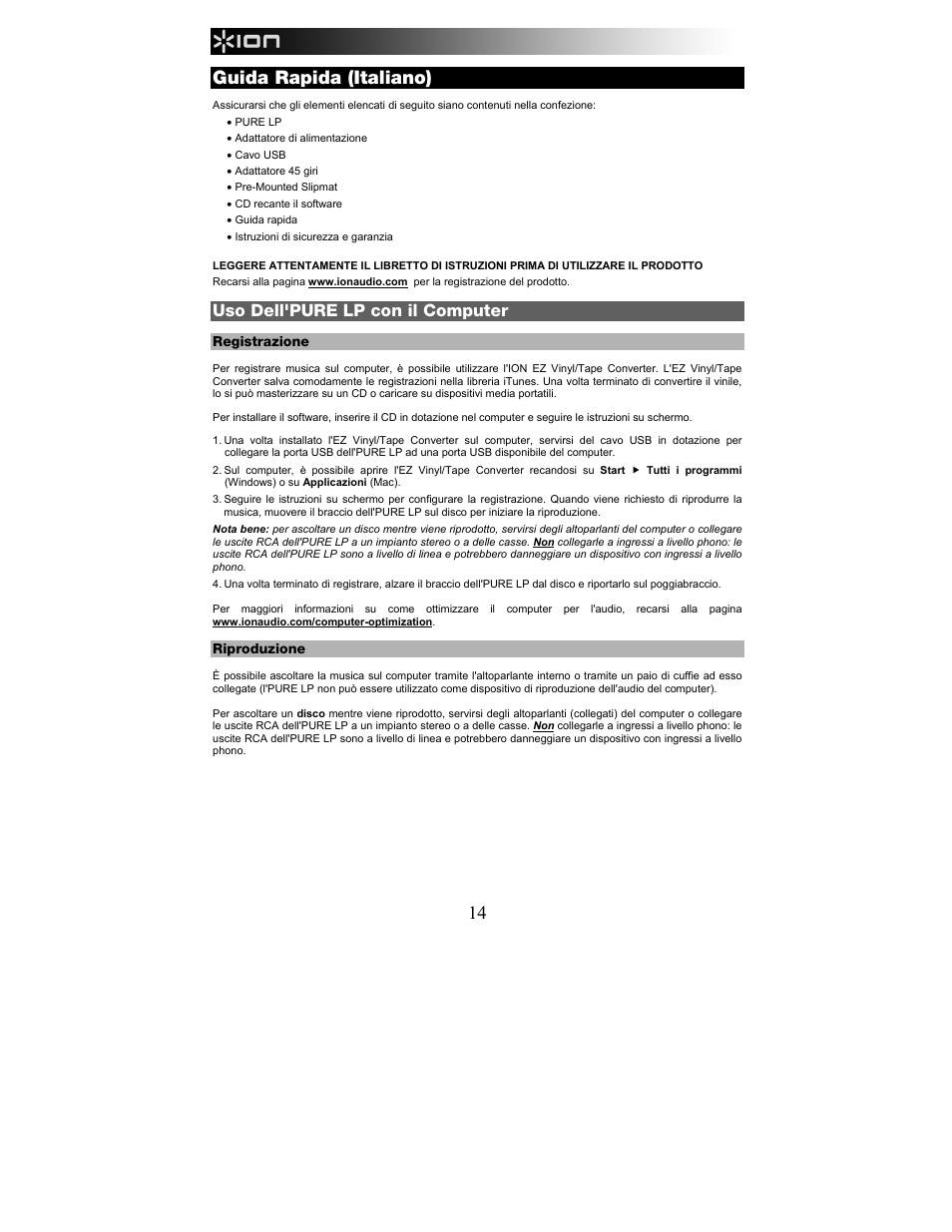 Guida rapida (italiano), Uso dell'pure lp con il computer | ION Audio Pure LP User Manual | Page 14 / 36